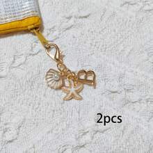 2件裝度假風創意海星貝殼字母鑰匙圈，附ID卡套掛繩包包配件，汽車裝飾吊飾，情人節與度假季完美禮物 - 彩色 - 查看 7