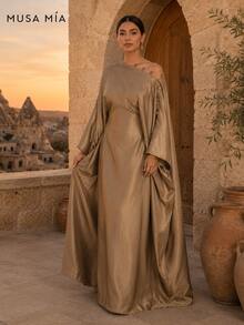 Bronze-goldenes asymmetrisches Satin-Maxikleid im türkischen Stil - Braun - Übersicht 8