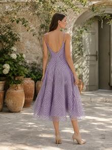 Soft Lavender Geometric Embroidered A-Line Midi Dress - 紫色 - 查看 6