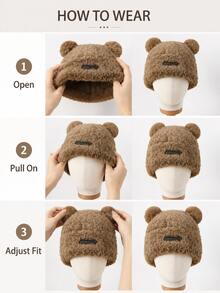 1pc Cute Bear Ear Plush Hat, Warm Ear-Protective Beanie For Women, Autumn/Winter, Face-Slimming - Multicolor - View 6