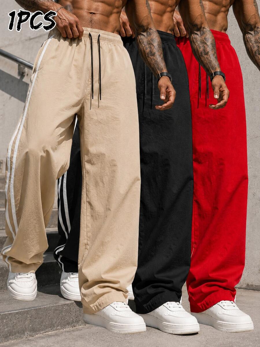 Men's Side Stripe Wide Leg Casual Pants, Elastic Drawstring Waist Lightweight Loose Straight Leg Long Pants, Suitable For Street Daily Sports Wear - Khaki - View 1