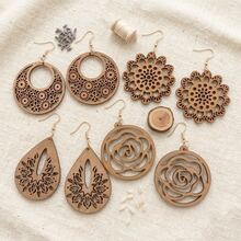 4 Pairs/Set Floral Textured Asymmetrical Hollow Wooden Earrings Set For Women, Vintage Bohemian , Daily Vacation All Season - Brown - View 7