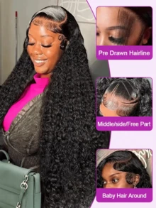 36 Inch Deep Wave Lace Front Wigs Human Hair 13x6 HD Transparent Lace Frontal Wigs Human Hair Glueless Human Hair Wig 250 Density Deep Curly Wigs Human Hair For Women Pre Plucked With Baby Hair Natural Black Color - Natural Black - 查看 5
