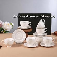 6Pcs Ceramic Tea Cup Set With Saucers, 90ml White Rose Embossed Gold Rim Cups, Microwave & Dishwasher Gift Box For Christmas Party Thanksgiving Halloween Wedding Home Gift - White - View 9