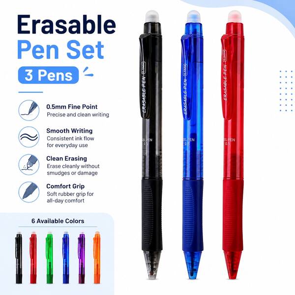 3 Packs 0.5mm Erasable Gel Pens, Assorted Color Friction Pens With Built-In Eraser, Comfort Grip And Pocket Clip, Smooth Writing Pens For Students, School, Office, Homework, Notes, Journaling And Planning
