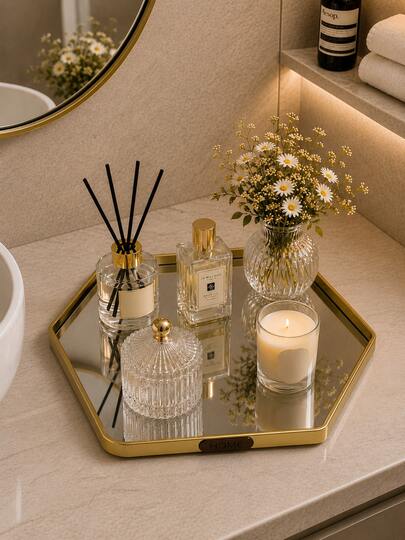 Nordic Luxury Hexagonal Mirrored Glass Vanity Tray, Gold Aluminum Alloy Frame, Perfume, Cosmetics, Jewelry And Decor Storage Tray, Suitable For Vanity, Bedroom, Bathroom And Living Room