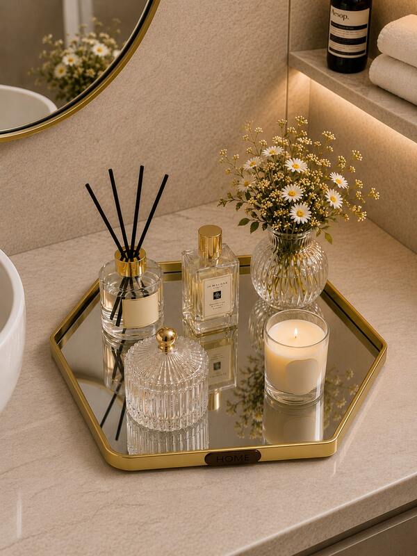 Nordic Luxury Hexagonal Mirrored Glass Vanity Tray, Gold Aluminum Alloy Frame, Perfume, Cosmetics, Jewelry And Decor Storage Tray, Suitable For Vanity, Bedroom, Bathroom And Living Room