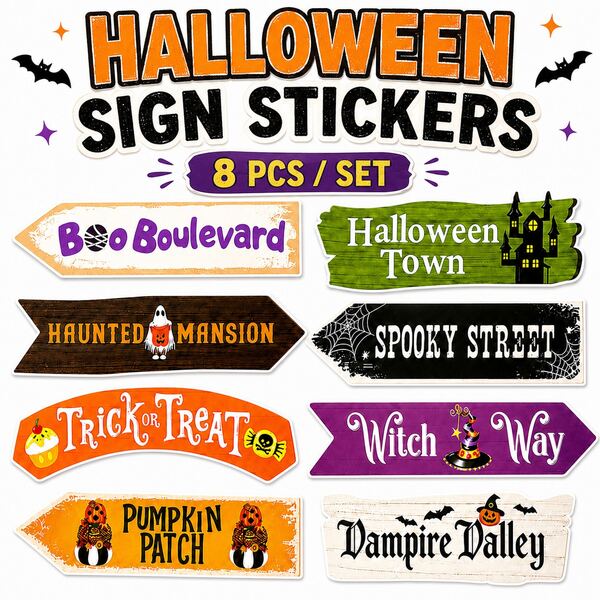 Set de 8 pegatinas de señales de Halloween, pegatinas de decoración festiva, señales de pared de Boo Boulevard, calle de fantasmas, calabaza y carretera, adecuadas para decoración de puerta, pared y fiesta, suministros de decoración del hogar para fiesta de otoño y Halloween