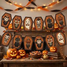 2pcs Halloween Vintage Theme Coffin Bunting, Black Cat, Owl, Pumpkin Head, Ghost, Skeleton Pattern, Suitable For Halloween Party Decoration, Wall Decor, Fireplace Decor, Halloween Party Gifts - A - View 7