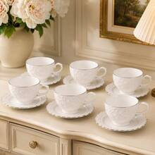 6Pcs Ceramic Tea Cup Set With Saucers, 90ml White Rose Embossed Gold Rim Cups, Microwave & Dishwasher Gift Box For Christmas Party Thanksgiving Halloween Wedding Home Gift - White - View 8