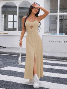 REF:AS1826 - Long Dress With Thin Straps And Front Slit: Elegance And Sensuality In The Same Look - Beige - View 2