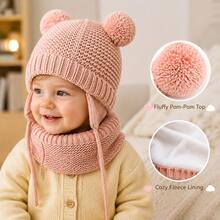Knitted Baby Hat And Scarf Set, Winter Warm Unisex Toddler Beanie With Warm Lining And Pom Pom - Double Ball Small Earmuffs Two-piece Set - View 6