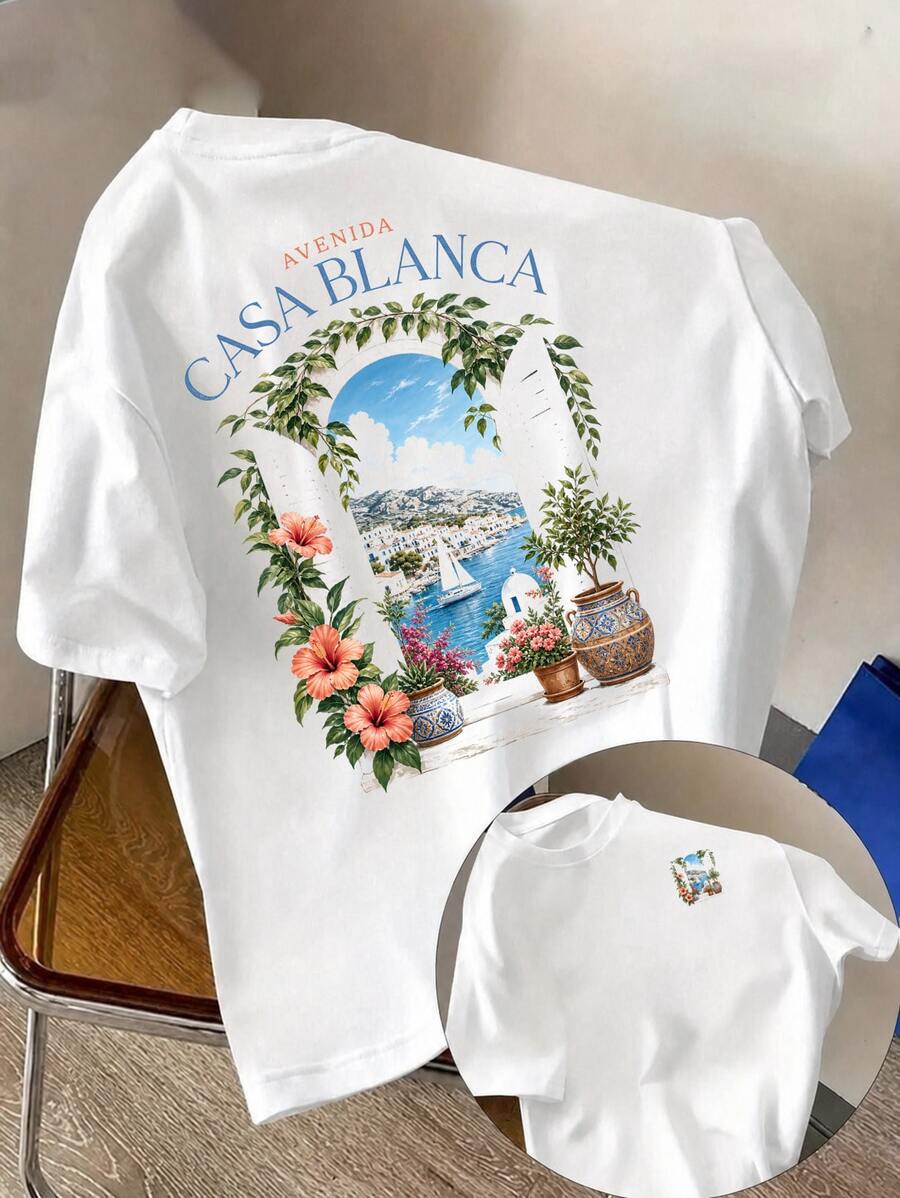 T-Shirt Femme Blanc Coton Oversize Col Rond Manches Courtes Imprimé Fenêtre Fleurie Et Voilier - 樣式1 - 查看 1