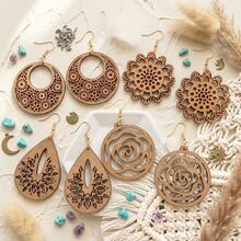 4 Pairs/Set Floral Textured Asymmetrical Hollow Wooden Earrings Set For Women, Vintage Bohemian , Daily Vacation All Season - Brown - View 8