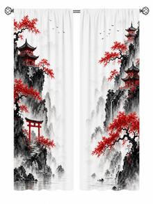2件半透明遮光窗簾，聚酯纖維濾光窗簾，東方水墨山水紅楓寶塔鳥居門印花穿桿式窗簾，適用亞洲風臥室客廳裝飾 - 多色1 - 查看 4
