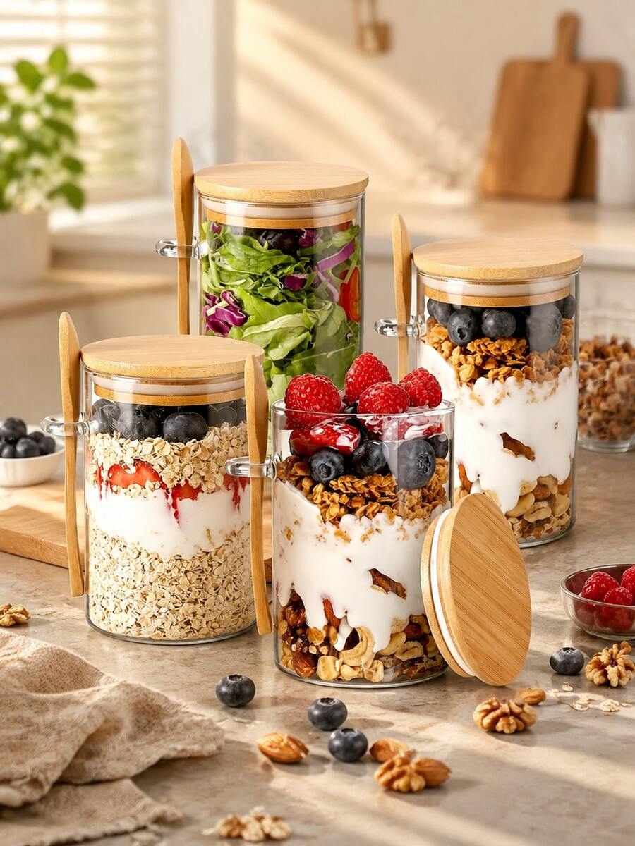3pcs Transparent Glass Food Storage Container Set (1 Container, 1 Lid, 1 Spoon), Made Of High Borosilicate Glass And Bamboo Lid, With Lid And Spoon, 3/1pc Optional, Kitchen Decor, Kitchen Accessories, Kitchen Supplies, Home Accessories, Kitchen Storage, Camping Essentials, Camping Essentials, Holiday Essentials, Autumn Decor, Bedroom Decor, Christmas Decor, Living Room Accessories, Party Supplies, Halloween Decor, Graduation Decor, Home Supplies, Halloween Home Decor, Bathroom Decor