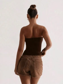 Camiseta básica sin tirantes sexy, top tubo elástico ajustado de unicolor a la moda, adecuado para mujeres en todas las estaciones, verano, marrón - Marrón - Ver 2