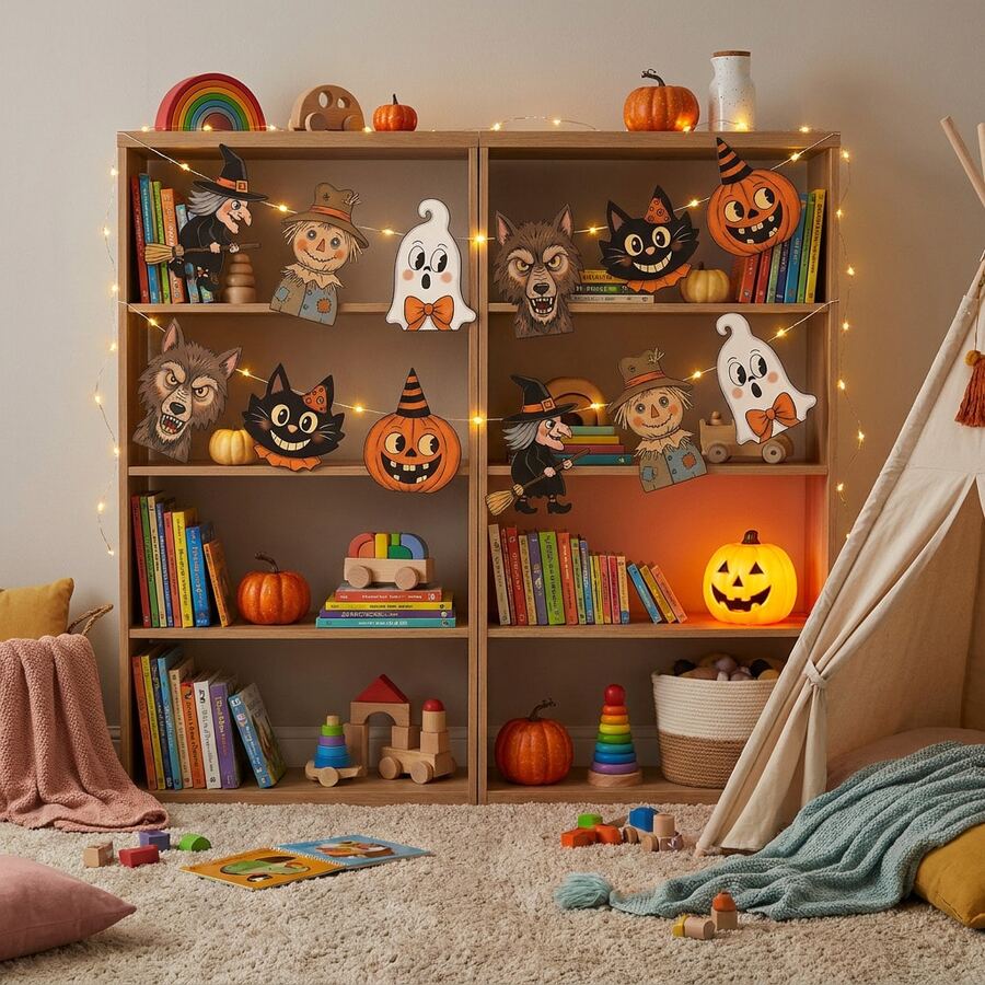 1set Vintage Halloween Hanging Banner, Retro Halloween Home Decoration Pumpkin Witch Ghost Cat Patterns, Wall Bunting Garland Card Banner, Cartoon Halloween Party Favor, Photo Supplies - A - View 1