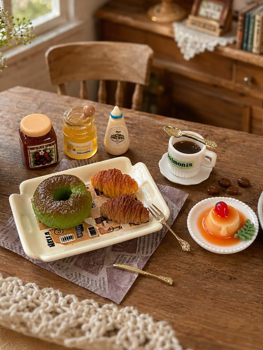Set Model Makanan Sarapan Rumah Boneka Miniatur, Skala 1:12 Bagel, Croissant, Puding Karamel, Kopi dan Stoples Selai dengan Model Peralatan Makan, Dekorasi Adegan Dapur Rumah Model dan Properti Fotografi - Satu-Ukuran - View 1