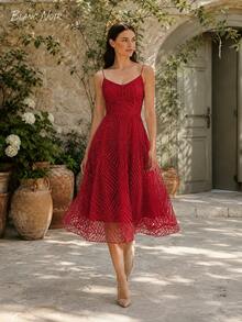 Vestido Midi de Cóctel con Bordado Geométrico Rojo Llamativo - Rojo - Ver 1