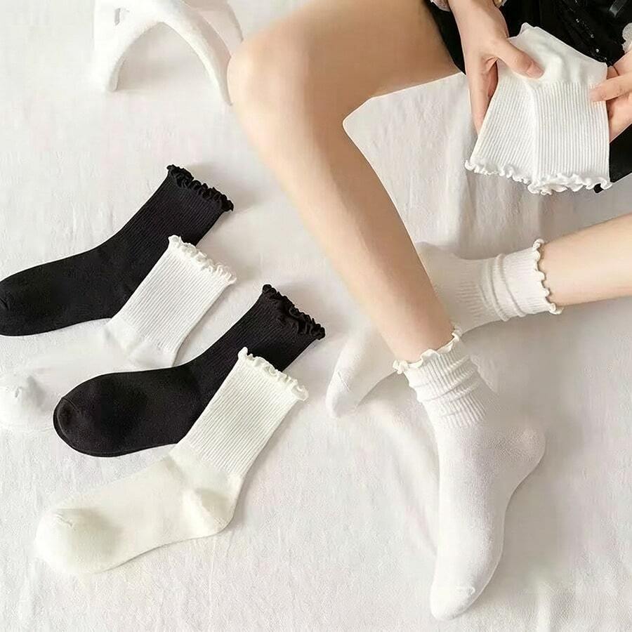 1/5 Pares de Meias Fofas com Borda Fúngica Preta, Macias, Elásticas e Respiráveis, Adequadas para Uso Diário, Meias de Yoga Adequadas para Exercícios Físicos em Casa, Antibacterianas e Absorventes de Umidade, Simples e Confortáveis, Adequadas para Uso Doméstico - Multicolorido - Visão 1