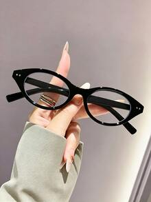 1pc Solid Color Casual Women's Oval Frame Plain Lens Glasses With Stud Decor, Y2K Fashion Style, Versatile Daily Wear, Party, Gathering, Street Style - Black Frame - View 2