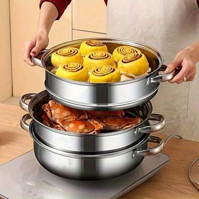 One Set Of Single-Layer, Double-Layer, And Triple-Layer Thickened Stainless Steel Steamer With A Glass Lid, A Multi-Functional Steamer Suitable For Hot Pot, Soup Pot, And Induction Cookers.
