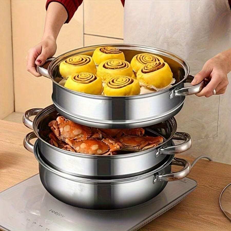 One Set Of Single-Layer, Double-Layer, And Triple-Layer Thickened Stainless Steel Steamer With A Glass Lid, A Multi-Functional Steamer Suitable For Hot Pot, Soup Pot, And Induction Cookers.