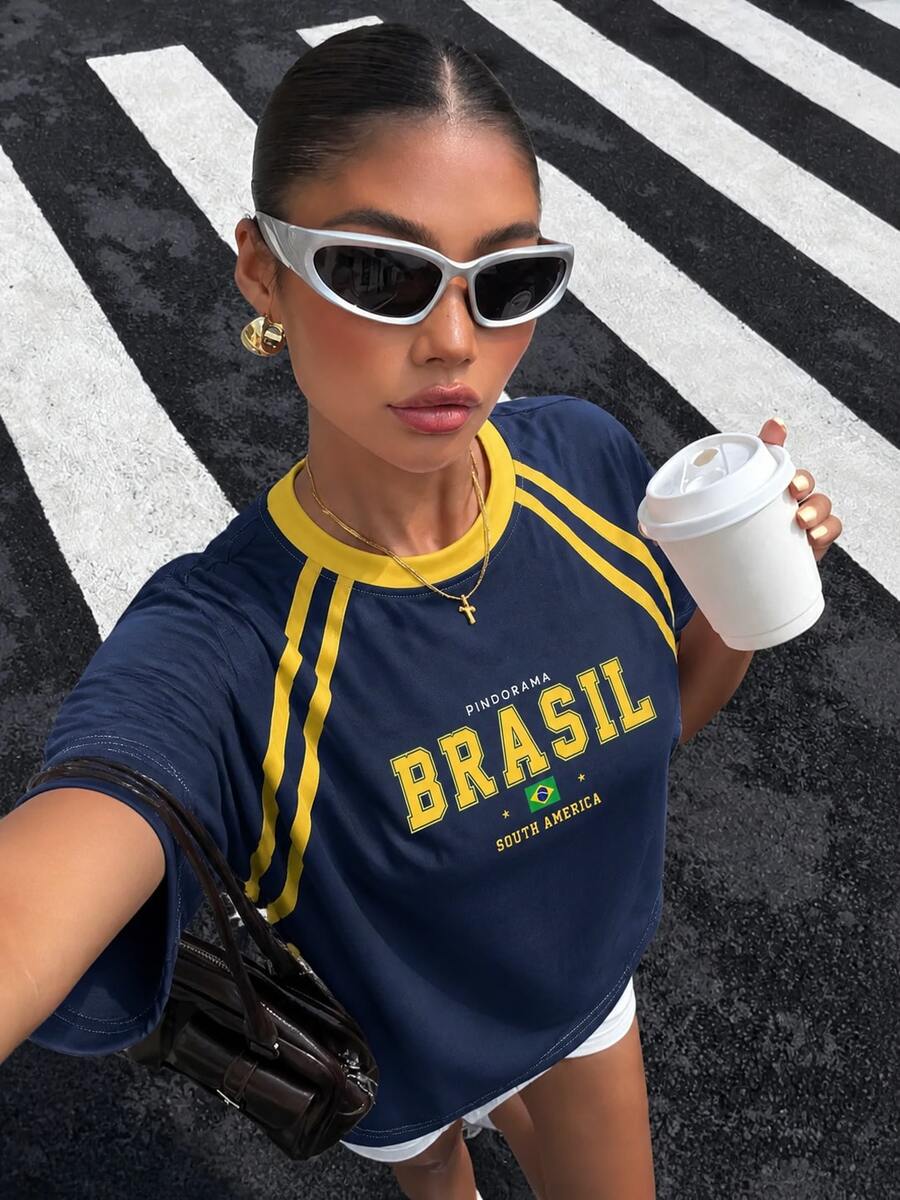 海军蓝和黄色“BRASIL”字母印花宽松运动T恤,Y2K巴西球衣风格休闲短袖女式夏季T恤 - 藍色 - 查看 1