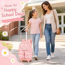 3pcs Girls Floral Print Woven Fabric Backpack Set With Handbag & Pen Pouch, Zipper Closure Sweet Rolling School Bag For Daily Learning - Pink - View 7