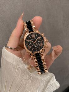 1PC Women's Fashion Quartz Watch, Rose Gold & Black Contrast Metal Band, Roman Numeral Round Three-Eye Dial, Business Casual Luxury Women's Wristwatch, Suitable For Daily Wear And Holiday Gift - Black - View 3