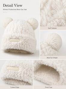 1pc Cute Bear Ear Plush Hat, Warm Ear-Protective Beanie For Women, Autumn/Winter, Face-Slimming - Multicolor - View 3