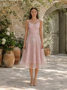 Romantic Pink Geometric Embroidered Mesh Midi Dress - 粉色 - 查看 3