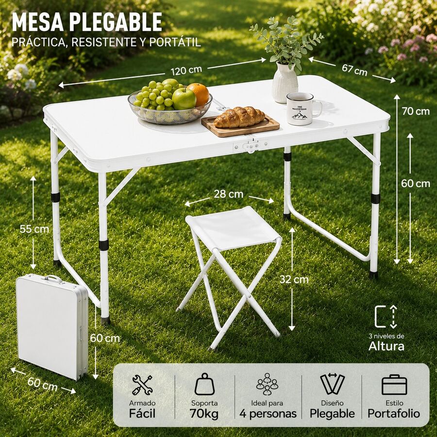 Mesa Plegable Camping Picnic Ajustable 1.20 Portátil 4 sillas - Blanco - Ver 1