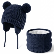 Knitted Baby Hat And Scarf Set, Winter Warm Unisex Toddler Beanie With Warm Lining And Pom Pom - Double Ball Small Earmuffs Two-piece Set - View 13