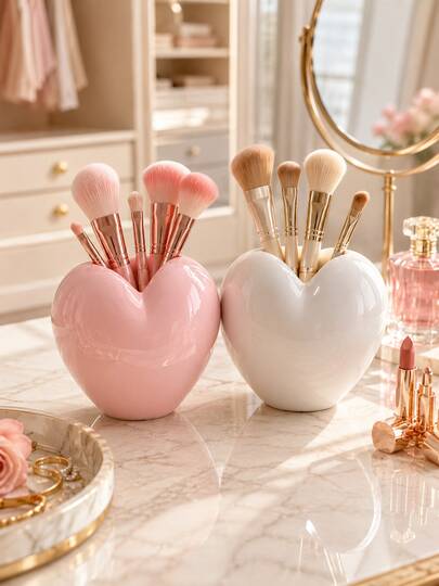 1pc Heart Shaped Makeup Brush Holder, Cute Cosmetic Organizer Cup, Vanity Brush Storage Container For Eyeliner, Eyebrow Pencil And Lipstick, Decorative Desktop Makeup Tool Organizer For Dressing Table, Bedroom, Bathroom Countertop, Gift For Women