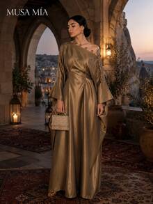 Bronze-goldenes asymmetrisches Satin-Maxikleid im türkischen Stil - Braun - Übersicht 13