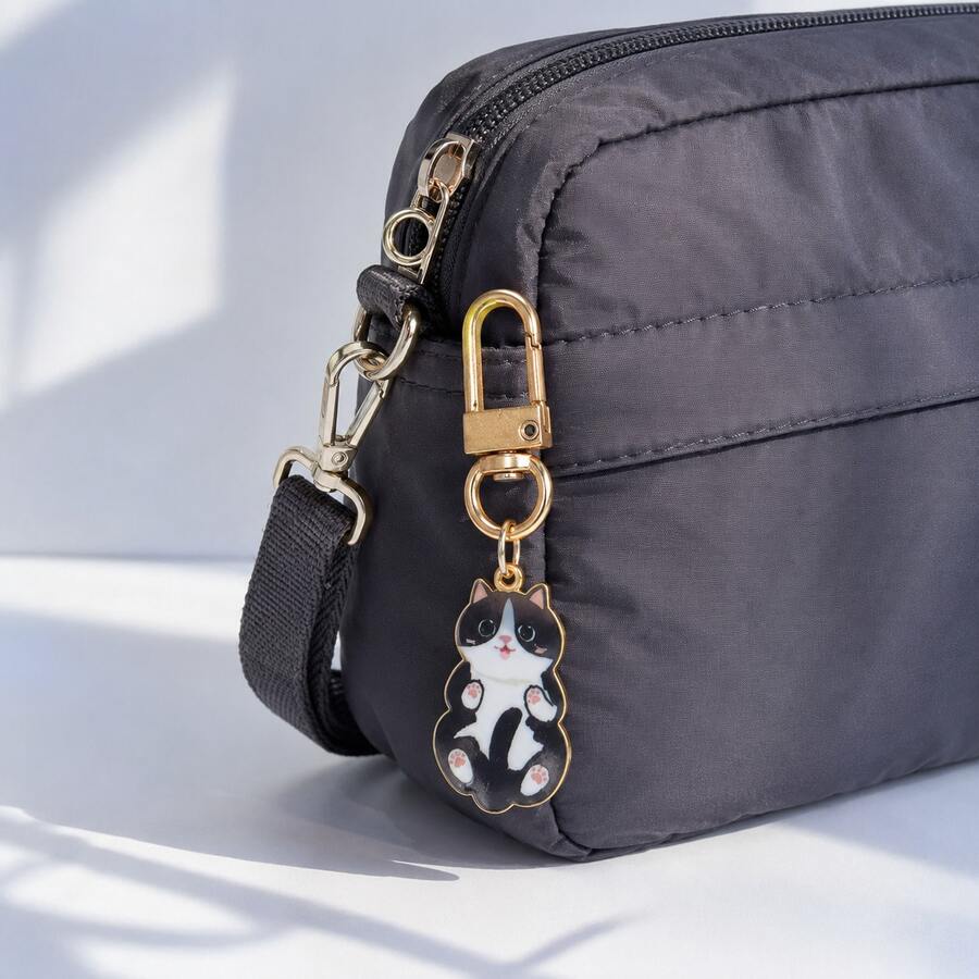 Miniso 1pc Cute Cat Keychain, Mini Kitten Pendant With Gold-Tone Lobster Clasp, Lightweight Bag Charm For Handbag, Backpack, Purse, Pouch And Keys, Cat Lover Gift, 4 Styles Available - Black & White Cat - View 1