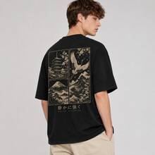 Black Oversized Men's Shirt With Japanese Crane And Mount Print, Vintage Japanese Ukiyo-E Streetwear, Casual Short-Sleeve Crew Neck Shirt. - Black - View 3
