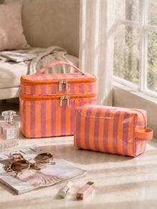 Striped Travel Makeup Bag Set, Fashionable Double Layer Design Cosmetic Organizer, Large Capacity Essentials And Daily Travel Storage Bag - Multicolor - View 15