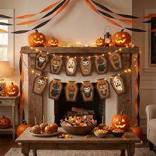 2pcs Halloween Vintage Theme Coffin Bunting, Black Cat, Owl, Pumpkin Head, Ghost, Skeleton Pattern, Suitable For Halloween Party Decoration, Wall Decor, Fireplace Decor, Halloween Party Gifts - A - View 6