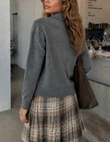 New Women's Minimalist Casual Asymmetric Rhombus Plaid Pattern Design Lapel Sweater Cardigan, Autumn/Winter - Grey - View 2