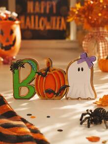 1 Peça Ornamento de Mesa com Letra BOO de Halloween, Decoração Combinada de Abóbora e Fantasma, Placa de Letra BOO, Decoração de Mesa de Halloween, Ornamento com Padrão de Abóbora, Fantasma e Morcego, Decoração com Tema de Casa Assombrada, Arranjo de Festa de Terror, Acento de Mesa de Lareira - Estilo 1 - Visão 2