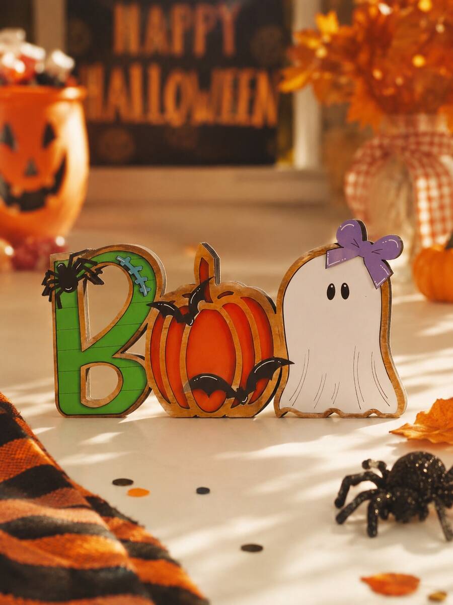 1 Peça Ornamento de Mesa com Letra BOO de Halloween, Decoração Combinada de Abóbora e Fantasma, Placa de Letra BOO, Decoração de Mesa de Halloween, Ornamento com Padrão de Abóbora, Fantasma e Morcego, Decoração com Tema de Casa Assombrada, Arranjo de Festa de Terror, Acento de Mesa de Lareira