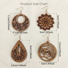4 Pairs/Set Floral Textured Asymmetrical Hollow Wooden Earrings Set For Women, Vintage Bohemian , Daily Vacation All Season - Brown - View 6