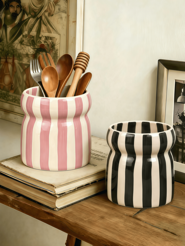 1pc Colorful Striped Kitchen Utensil Holder, Wavy Cutlery Storage Organizer For Spoons, Forks & Chopsticks, Multipurpose Countertop Storage Cup, Modern Home Decor & Housewarming Gift