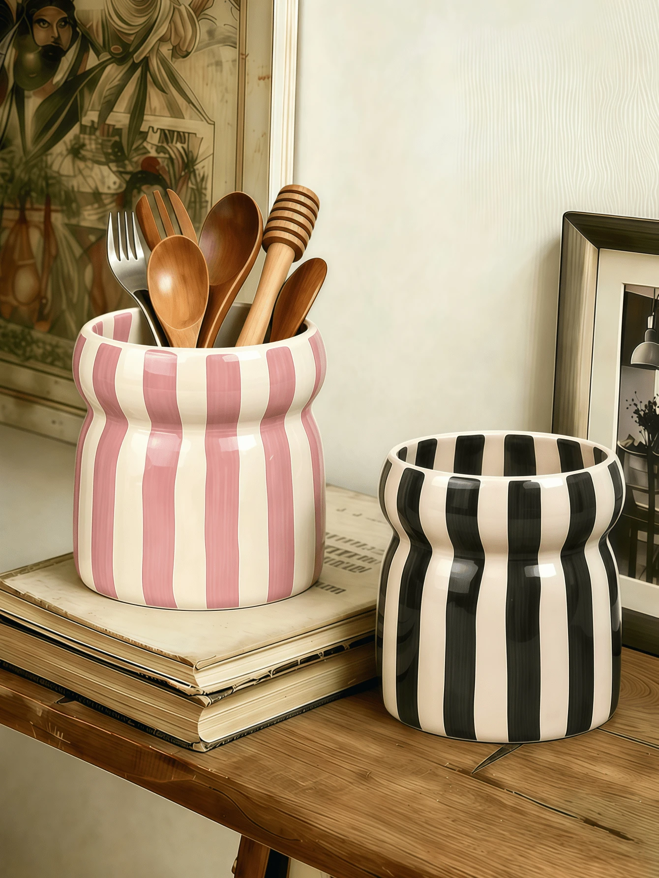 1pc Colorful Striped Kitchen Utensil Holder, Wavy Design Cutlery Organizer Box, Suitable For Spoons, Forks And Chopsticks, Multi-Functional Countertop Storage Cup, Modern Home Decor And Housewarming Gift - Multicolor - View 1