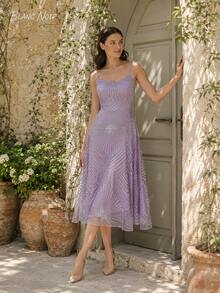 Soft Lavender Geometric Embroidered A-Line Midi Dress - 紫色 - 查看 7
