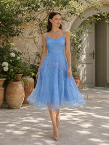 Cornflower Blue Geometric Embroidered Mesh Midi Dress - 藍色 - 查看 7