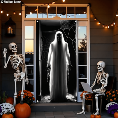 1pc Halloween Horror Ghost Banner, Halloween Party Decoration, Halloween Decorations, Polyester Fabric, Suitable For Halloween Parties, Haunted Houses, Indoor/Outdoor, Courtyards, Gardens, Porches, Door Decoration